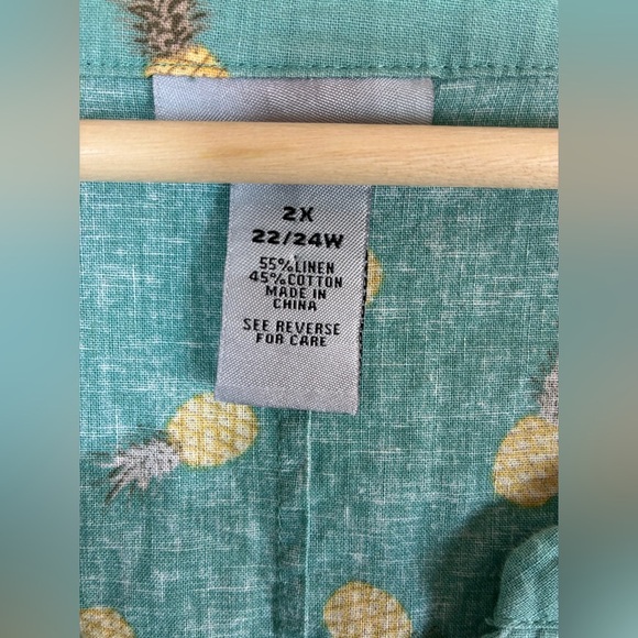 Catherines Tunic Top Womens 2X Pineapples Linen Blend Button Up Teal - Picture 7 of 7